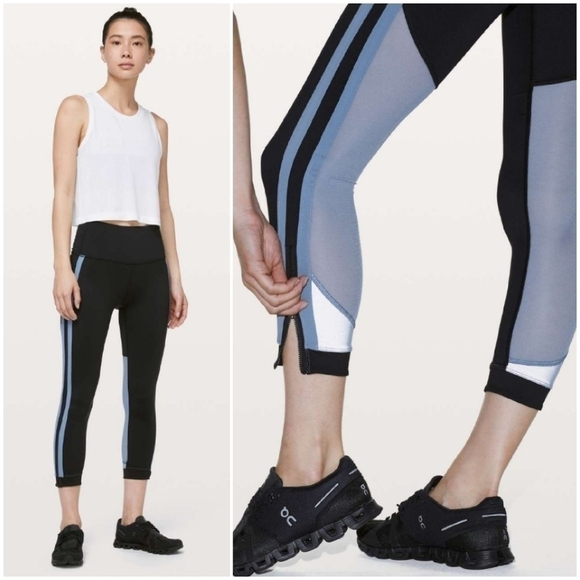 Lululemon Zip The Line Crop Leggings Black with Blue & Mesh Details - Picture 1 of 10